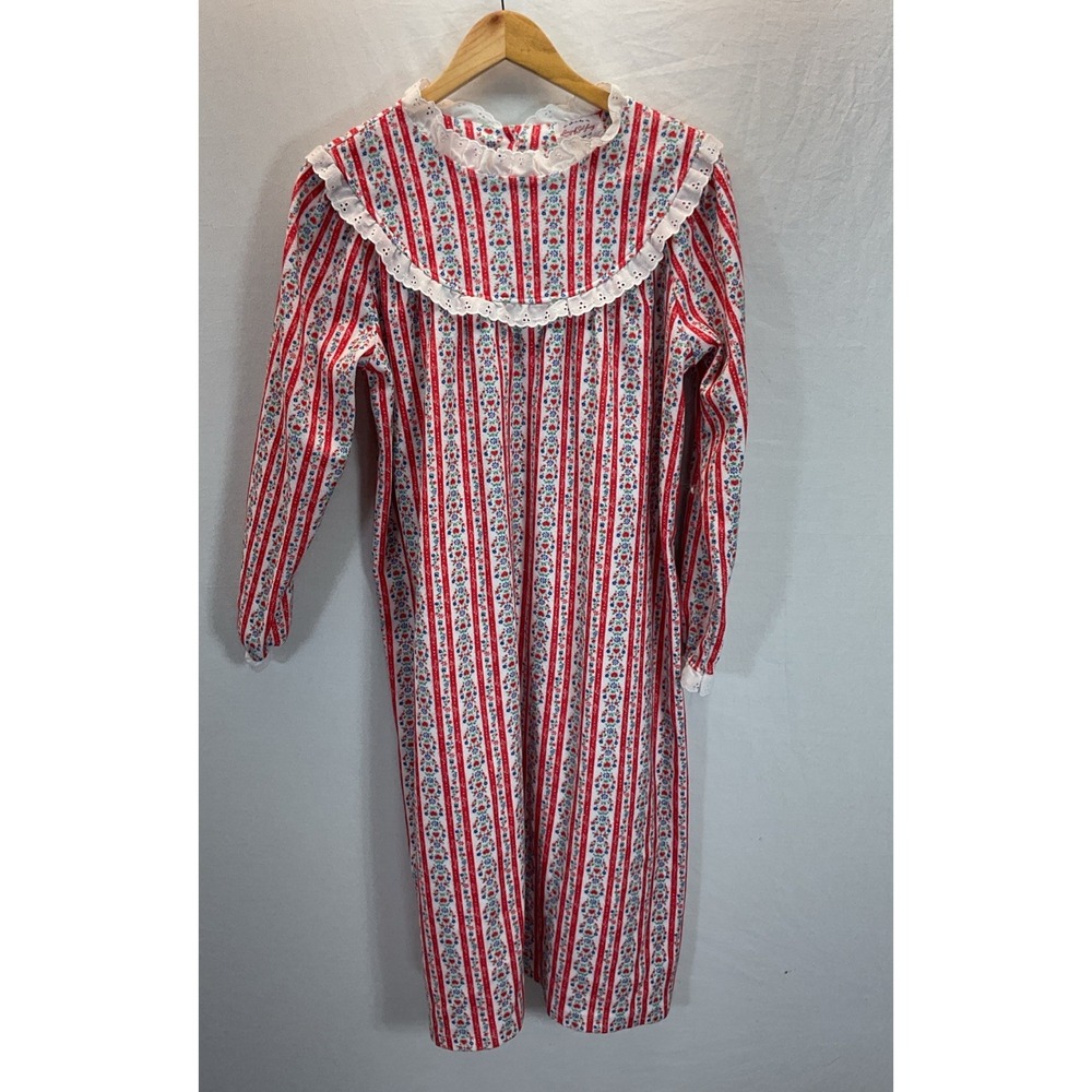 LANZ OF SALZBURG‎ XL Heart PRINT Long FLANNEL Nightgown High Neck Red Stripe